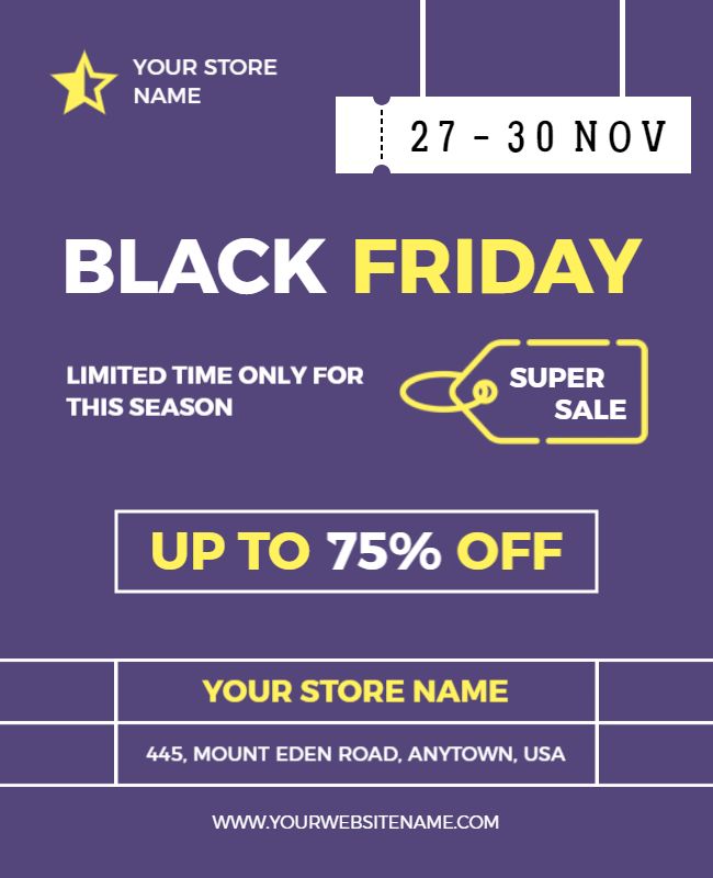 Bold Purple Black Friday Super Sale Discount Poster Template