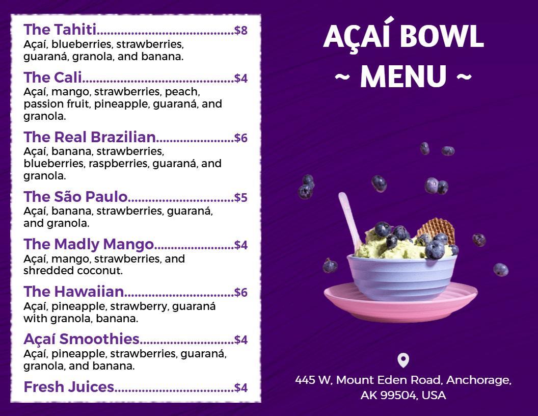 Bold Purple Themed Açaí Bowl Cafe Menu Template