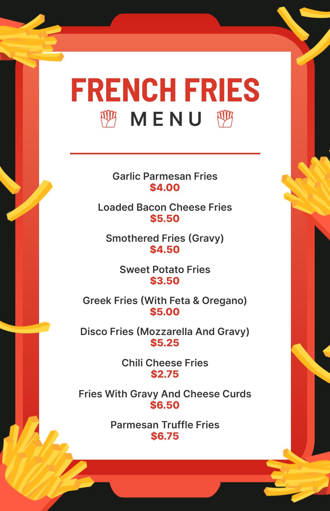 Bold Red and Black French Fries Menu Template