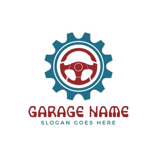 Bold Red and Blue Gear Design for Garage Services Logo Template