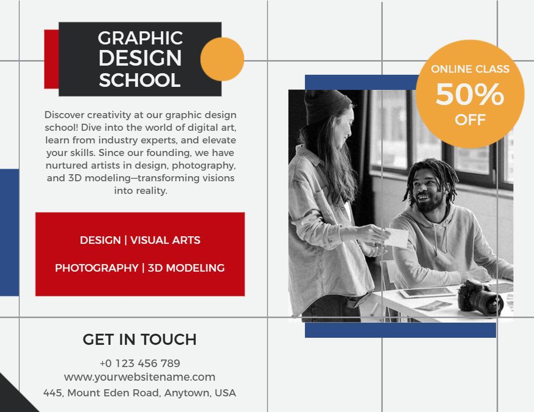 Bold Red and Blue Graphic Design School Class Brochure Template