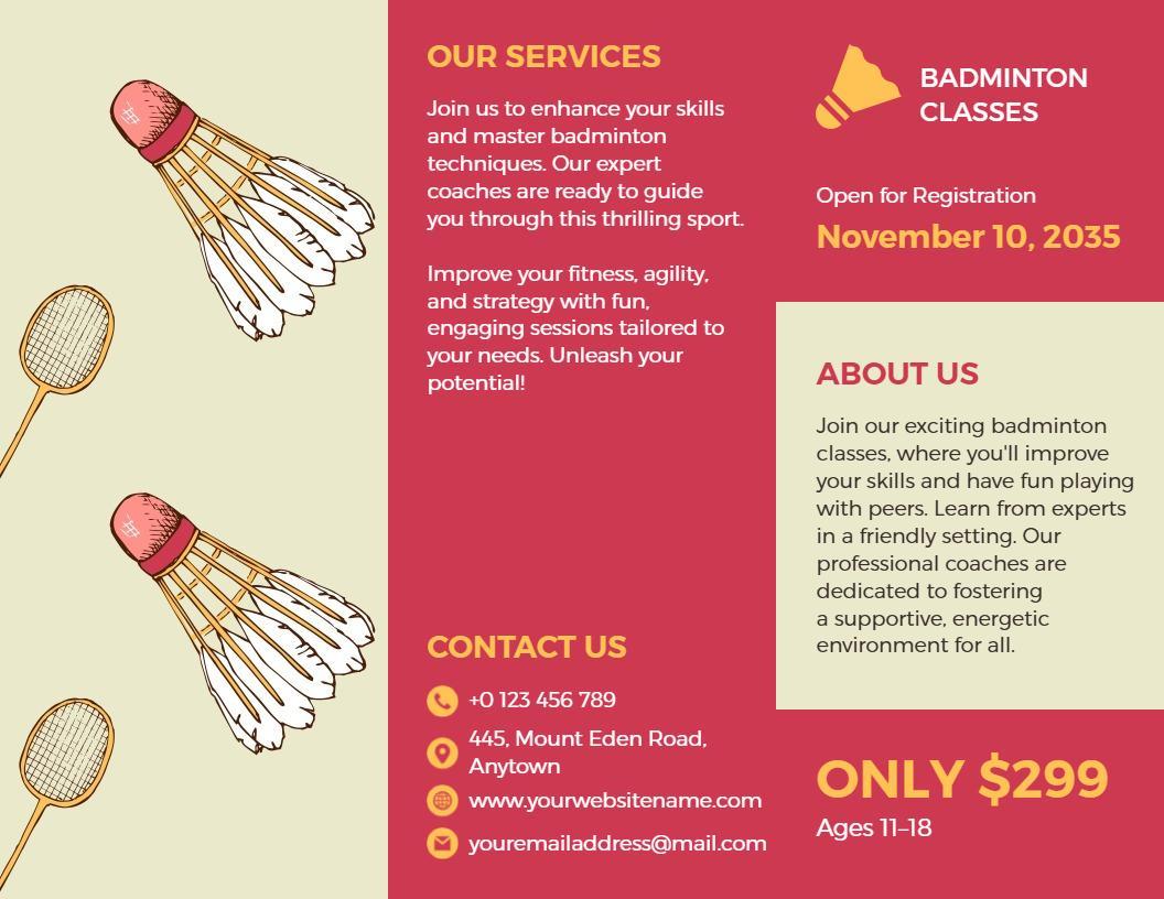Bold Red Badminton Classes Skills Training Brochure Template