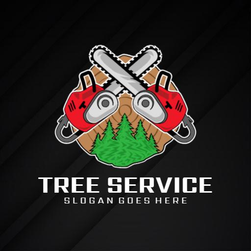 Bold Red Chainsaws and Green Forest for Tree Service Logo Template