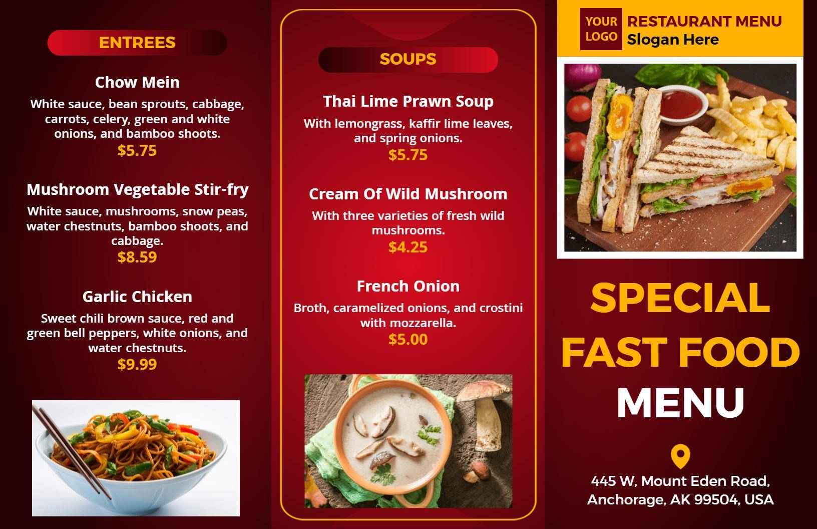 Bold Red Dessert and Pasta Special Fast Food Menu Template
