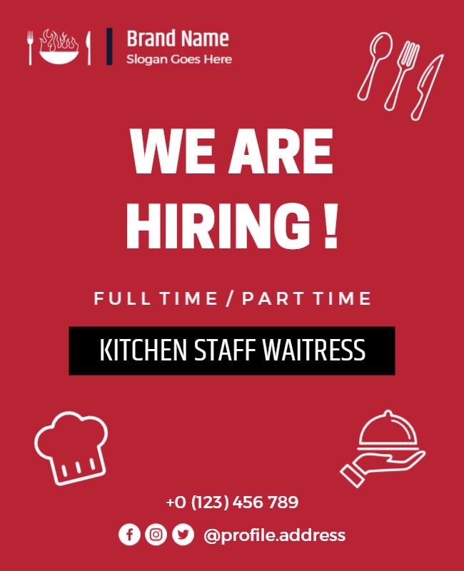 Bold Red Kitchen Staff Recruitment Waitress Poster Template
