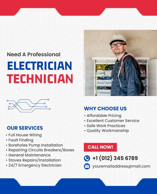 Bold Red Modern Electrician Technician Services Poster Template