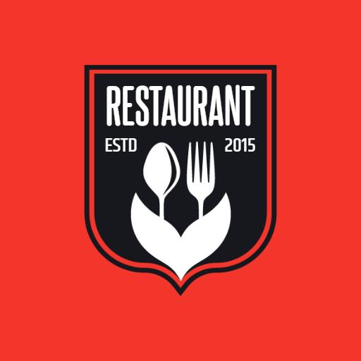 Bold Red Shield Design Emphasizing Restaurant Essentials Logo Template