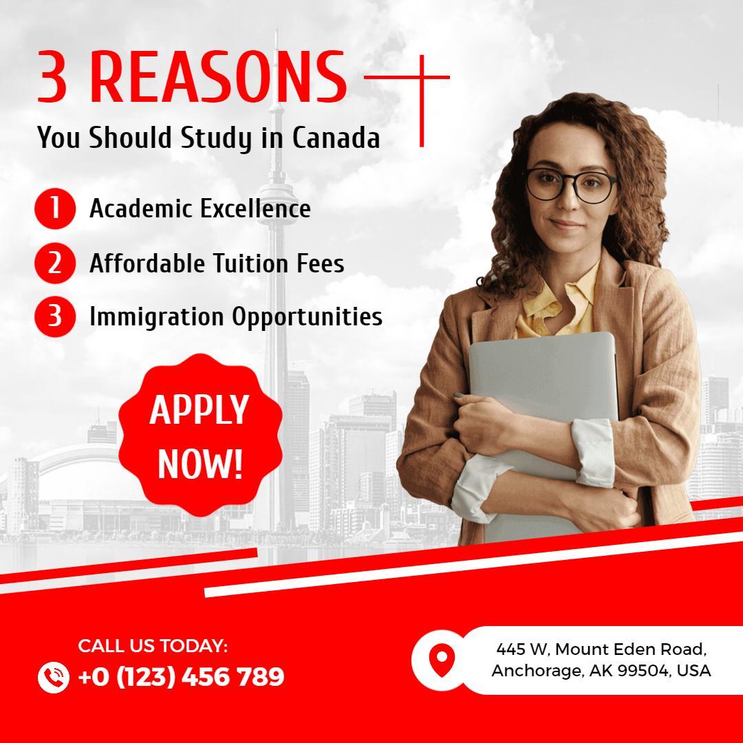 Bold Red Study in Canada Opportunities with Key Benefits Ad Template