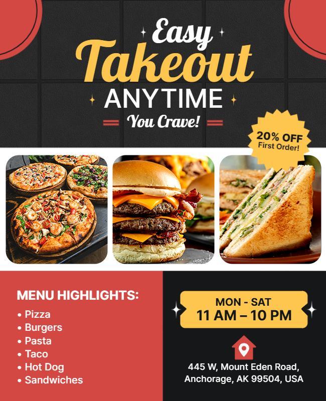 Bold Red Takeout Food Menu Highlights Poster Template