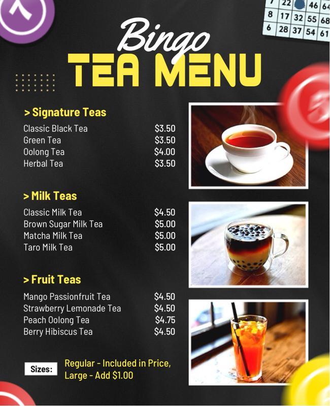 Bold Yellow and Black Bingo Tea Selection Menu Flyer Template