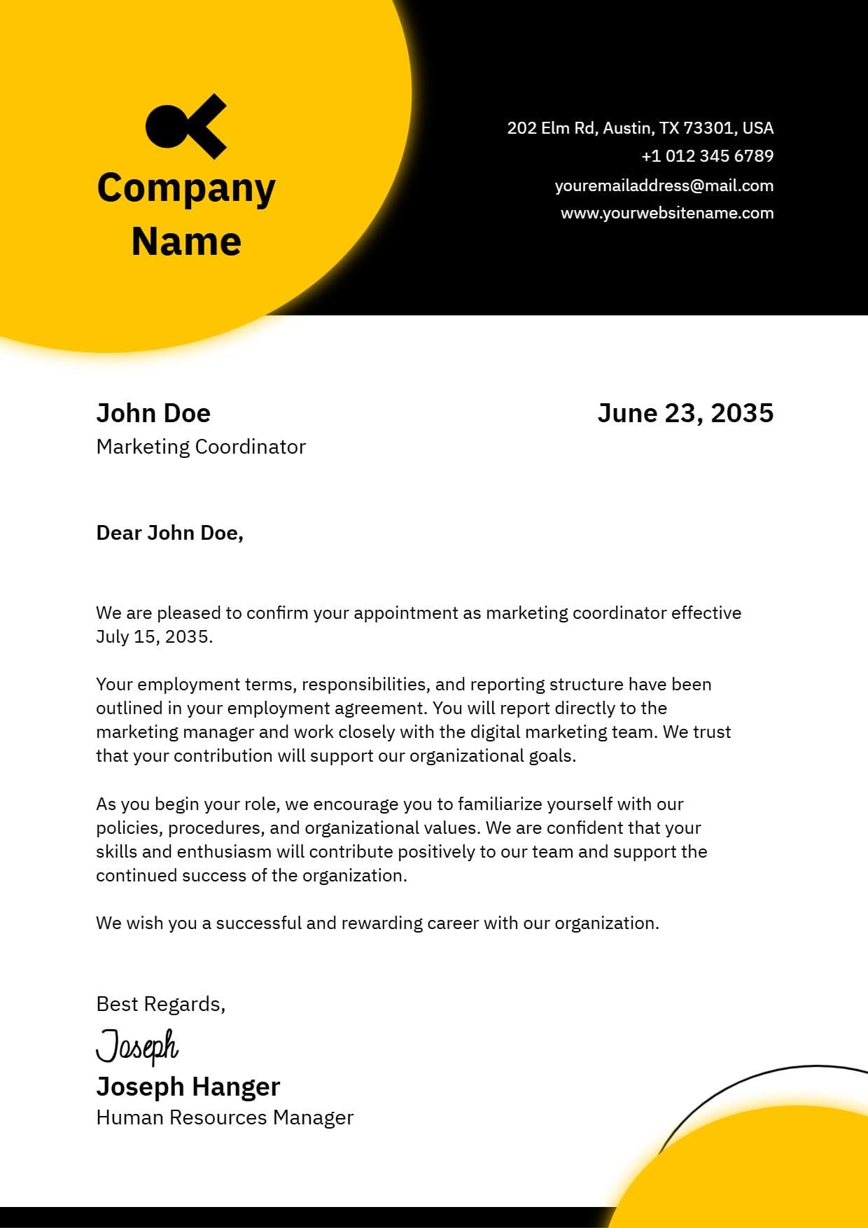 Bold Yellow and Black Modern Company Job Offer Letterhead Template