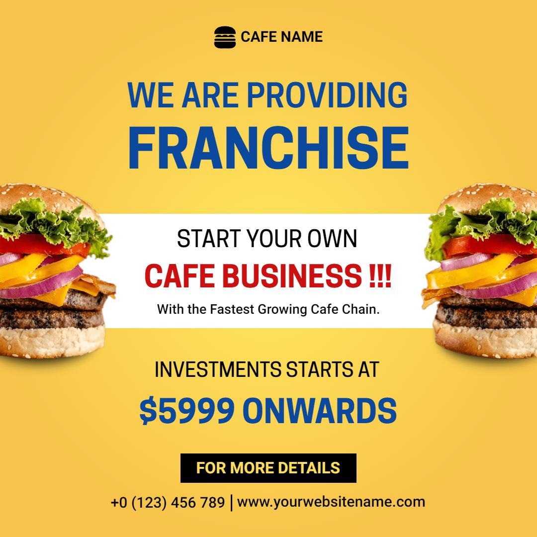 Bold Yellow Cafe Franchise Opportunity with Investment Details Ad Template