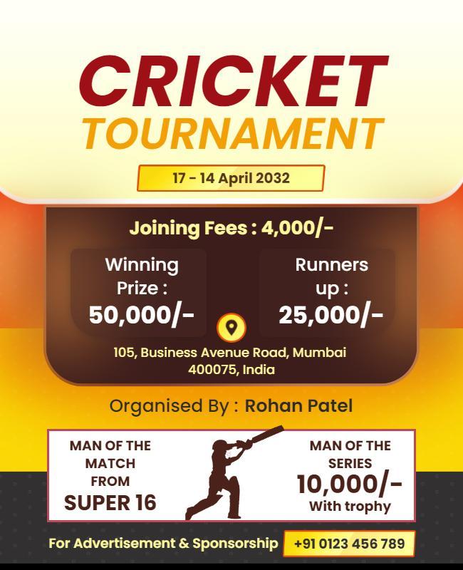 Bold Yellow Cricket Tournament Announcement Poster Template