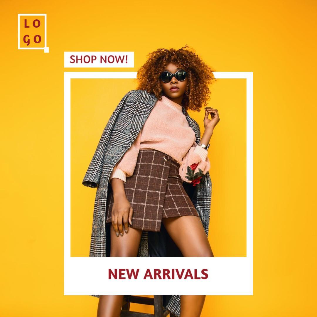 Bold Yellow Fashion Showcase for New Business Arrivals Ad Template