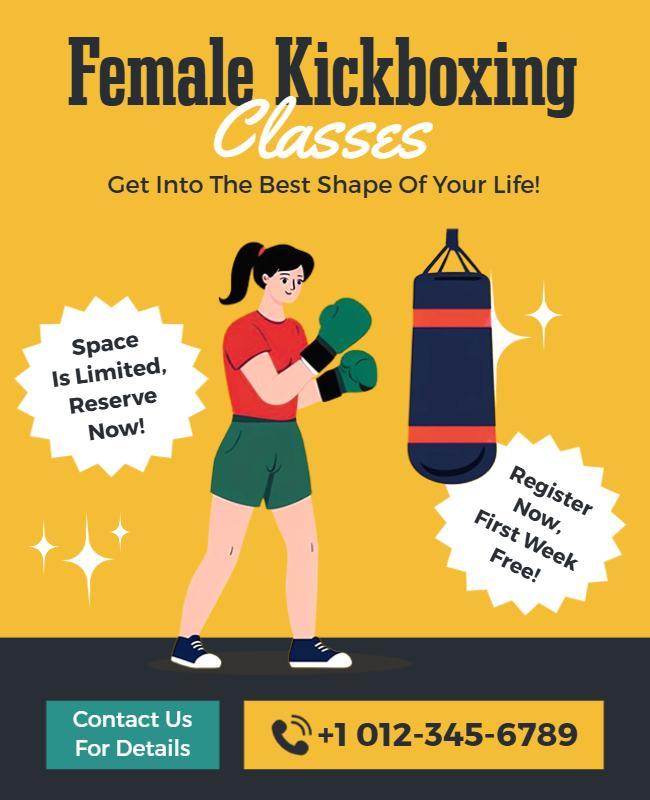 Bold Yellow Female Kickboxing Fitness Class Promotion Poster Template