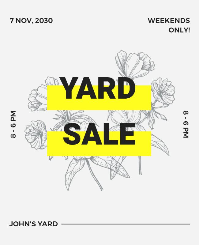 Bold Yellow Floral Yard Sale Announcement Poster Template