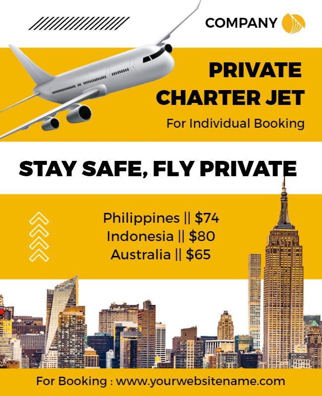 Bold Yellow Private Charter Jet Booking Service Poster Template