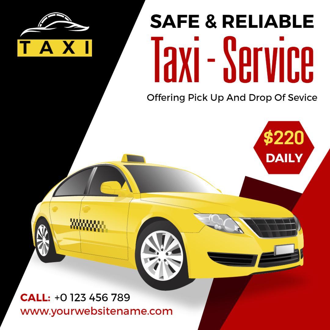 Bold Yellow Taxi Service with Pricing and Safety Features Ad Template