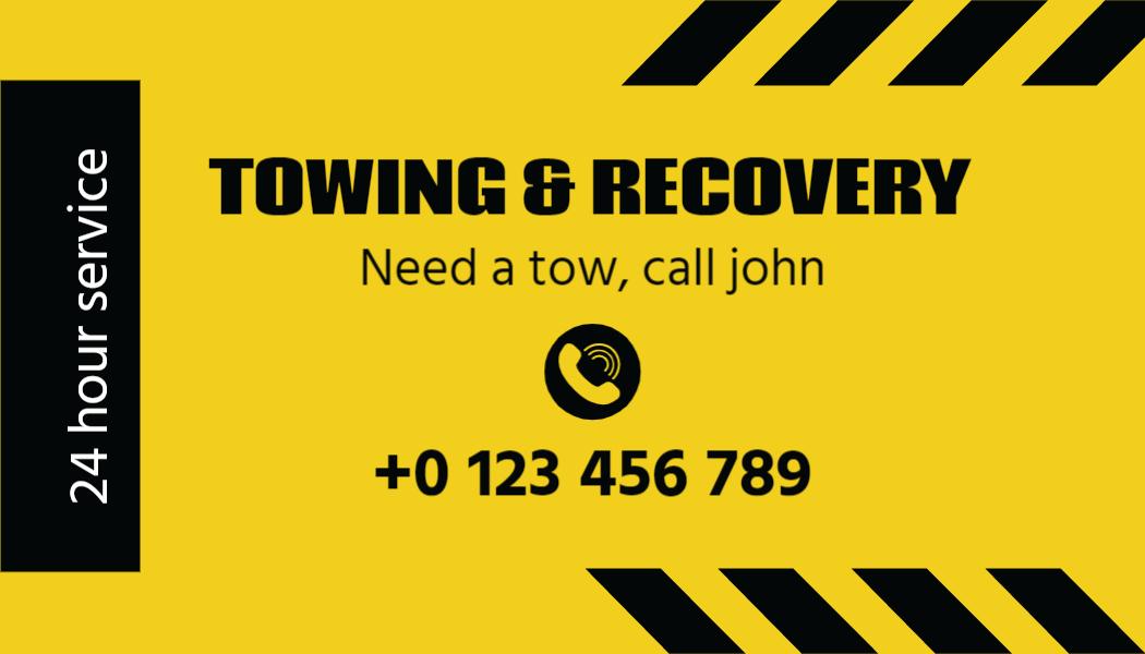 Bold Yellow Towing And Recovery Service Visiting Card Template