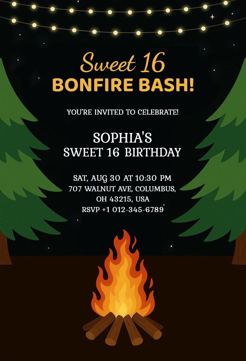Bonfire Bash Celebration Sweet 16 Birthday Invitation Template