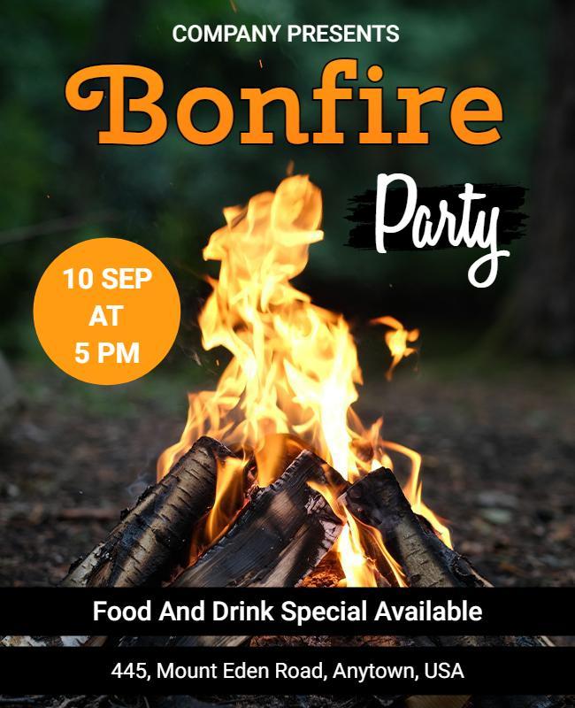 Vibrant Orange Bonfire Party Celebration Flyer Template