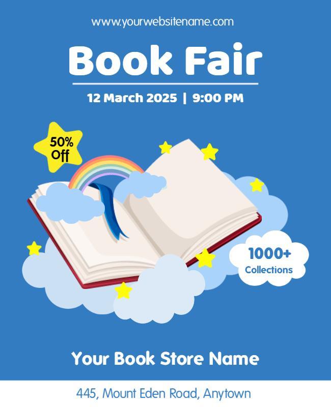 Whimsical Blue Cloudy Book Fair Flyer Template