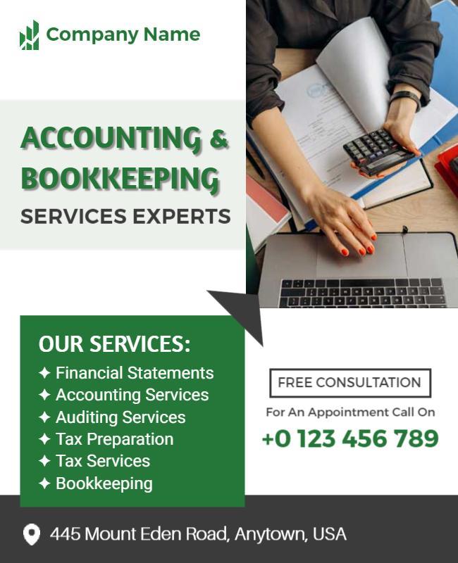 Modern White and Green Accounting Services Consultation Flyer Template