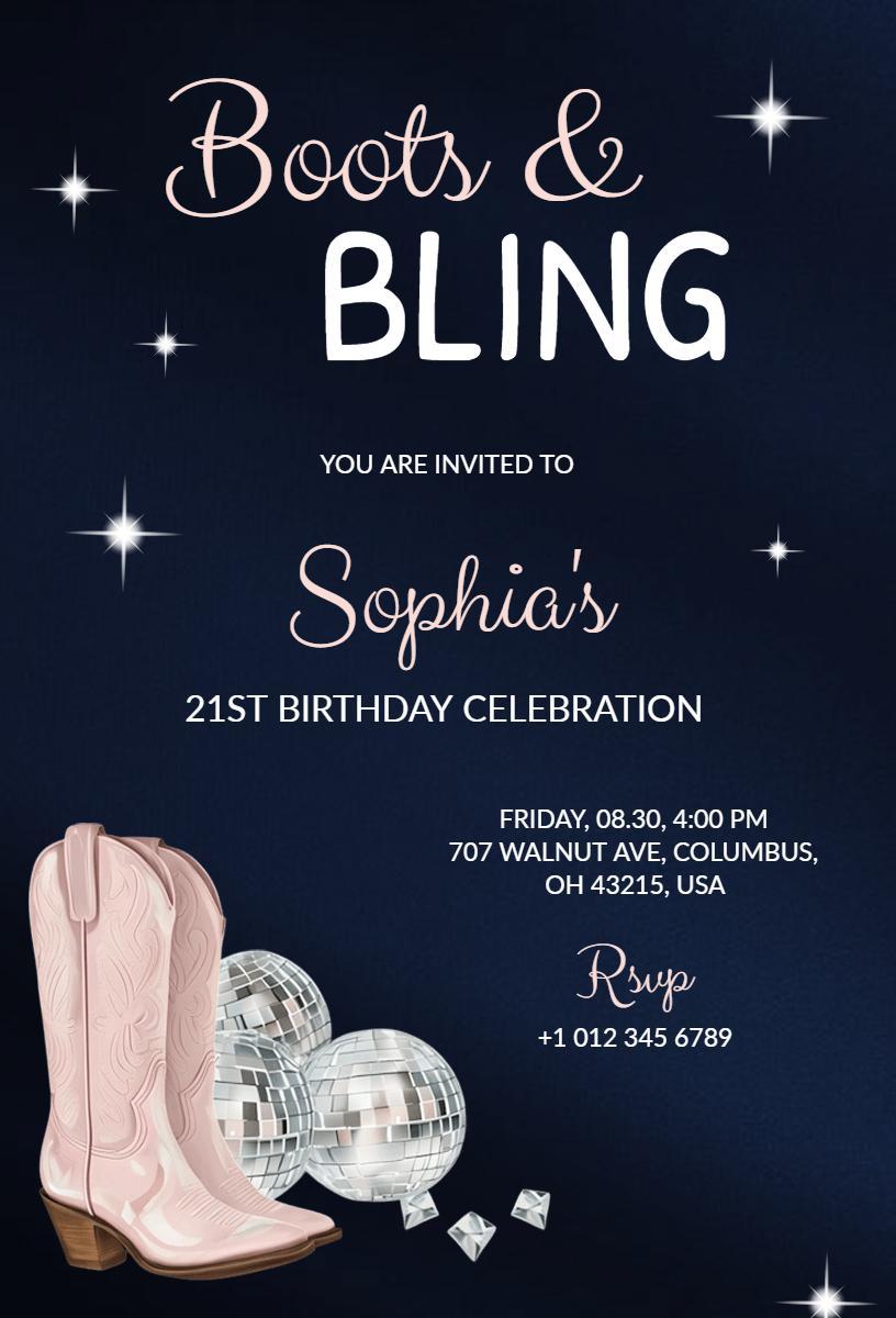 Boots and Bling Glamorous 21st Birthday Celebration Invitation Template