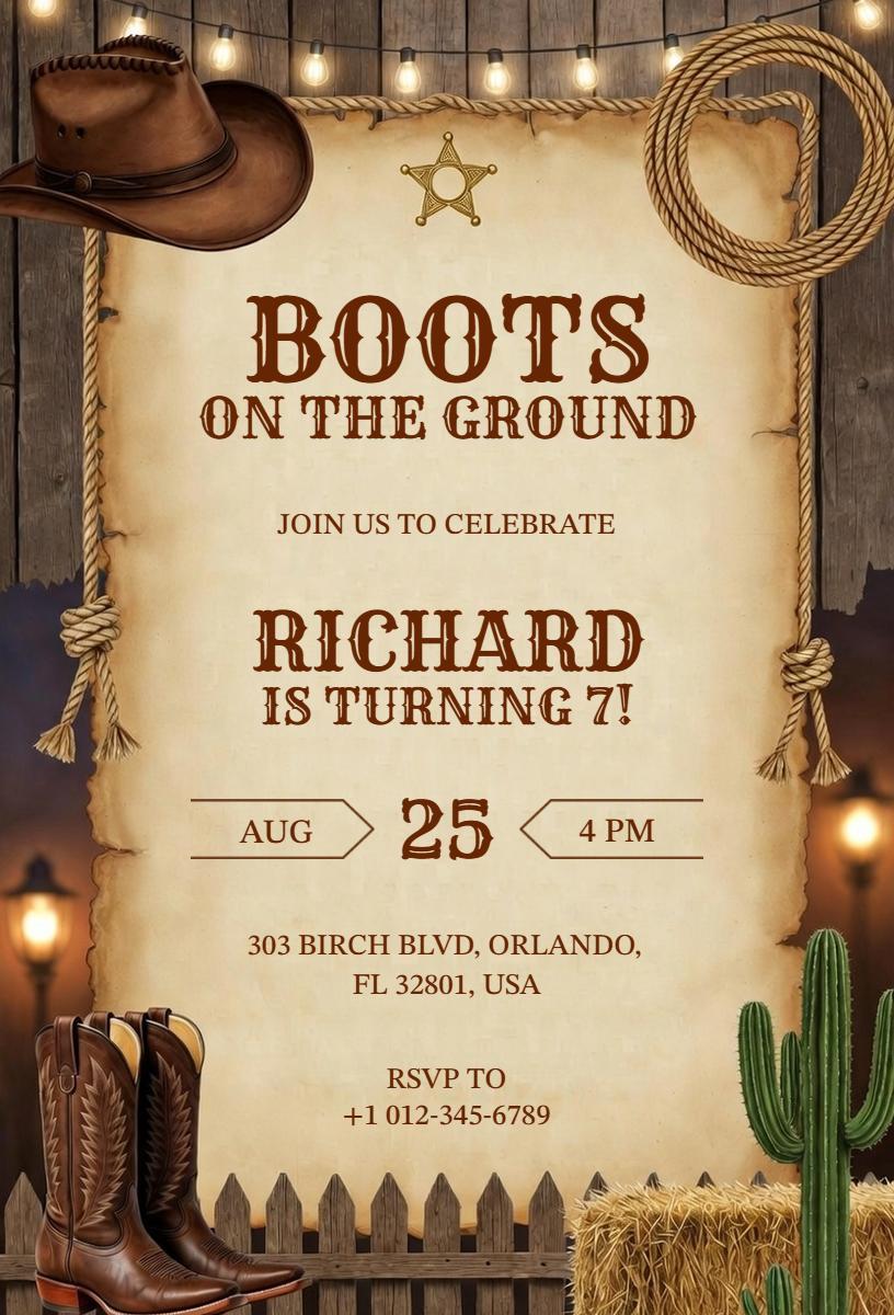 Boots on the Ground Cowboy Themed Birthday Invitation Template
