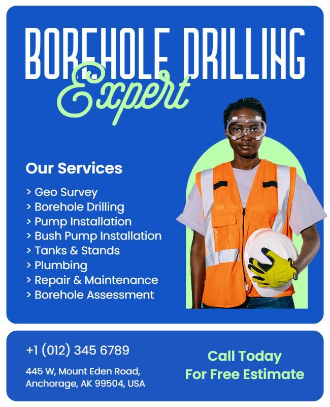 Bold Blue Borehole Drilling Expert Services Flyer Template