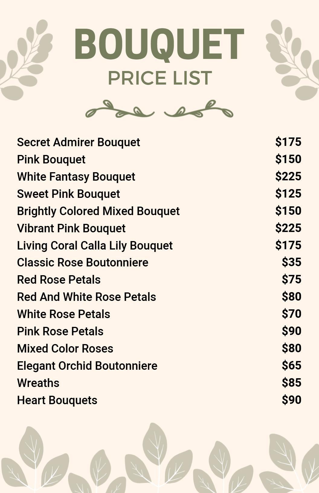 Botanical Beige Rose Bouquet Price List Template