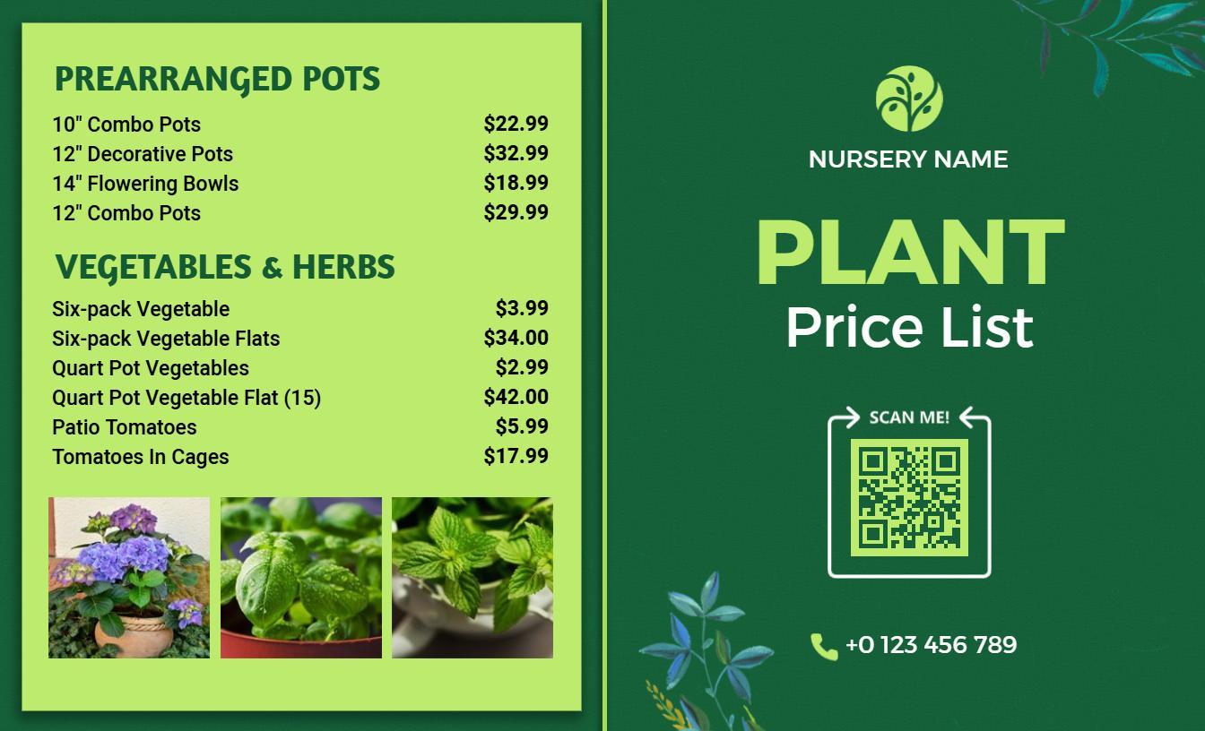 Botanical Style Decorative Pots Plant Price List Template