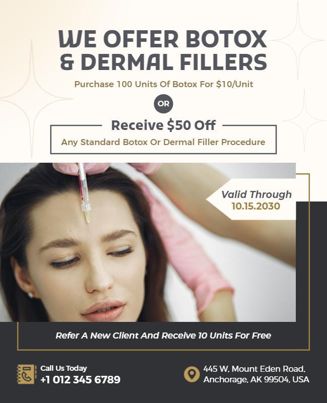 Elegant Cream and Gold Botox and Dermal Fillers Flyer Template