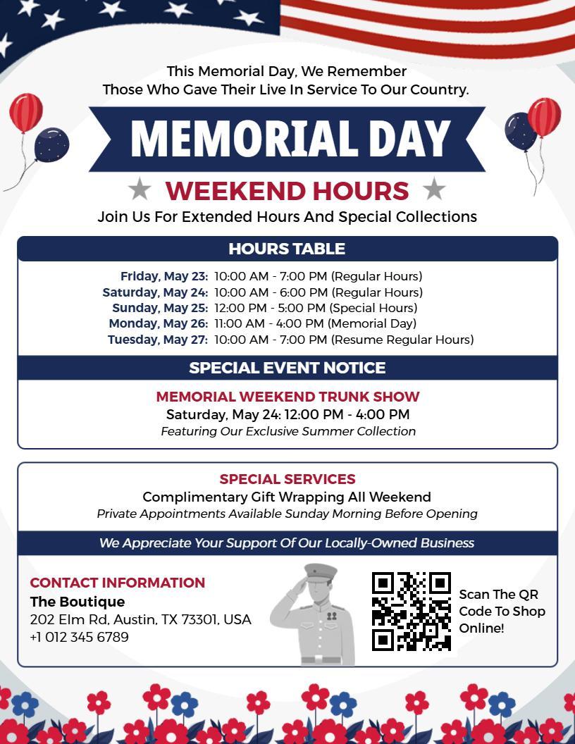 Boutique Special Hours Memorial Day Flyer Template