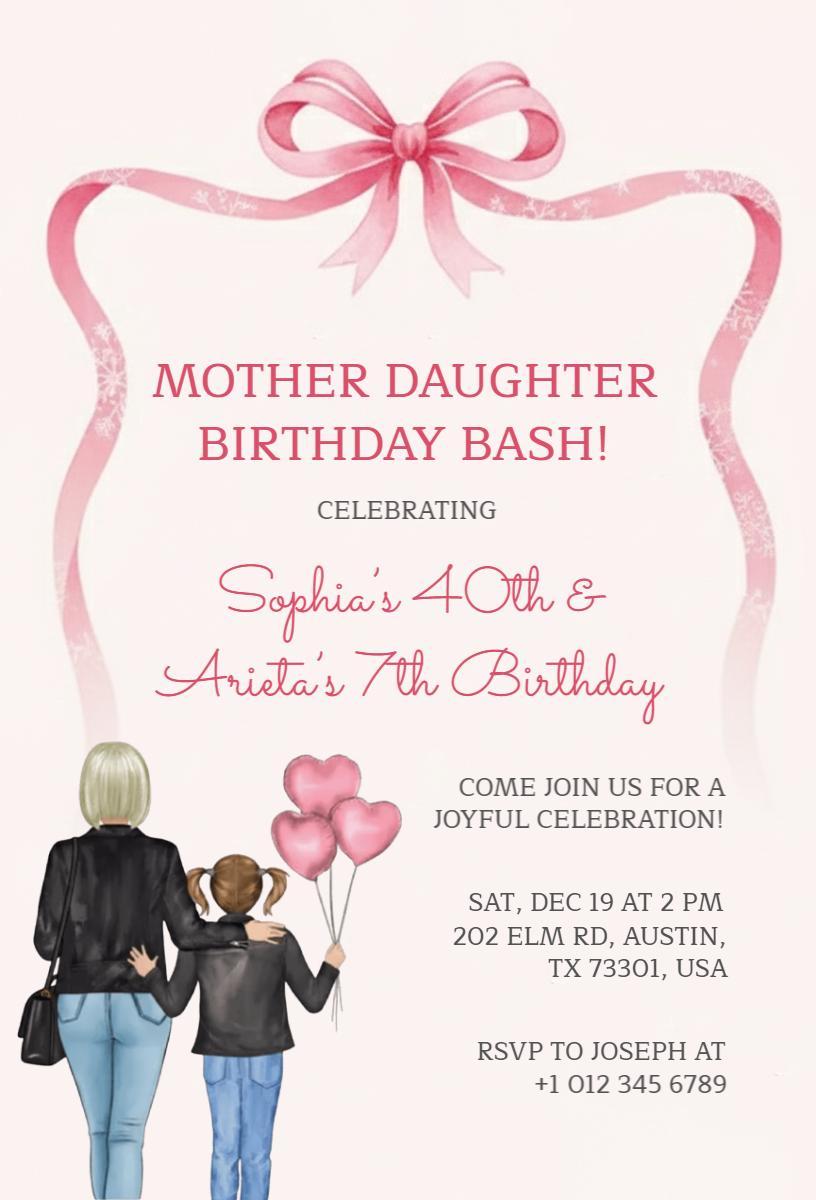 Bow Themed Mother Daughter Birthday Bash Invitation Template