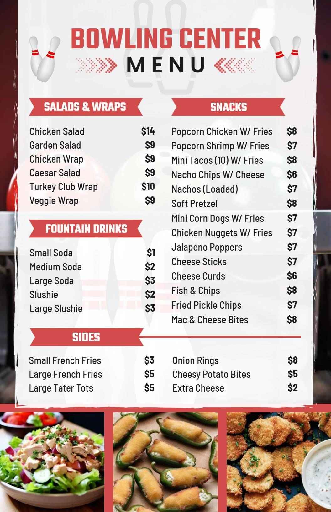 Bowling Center Snack Options with Refreshing Beverages Sports Menu Template