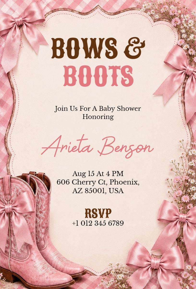 Bows and Boots Country Themed Baby Shower Invitation Template
