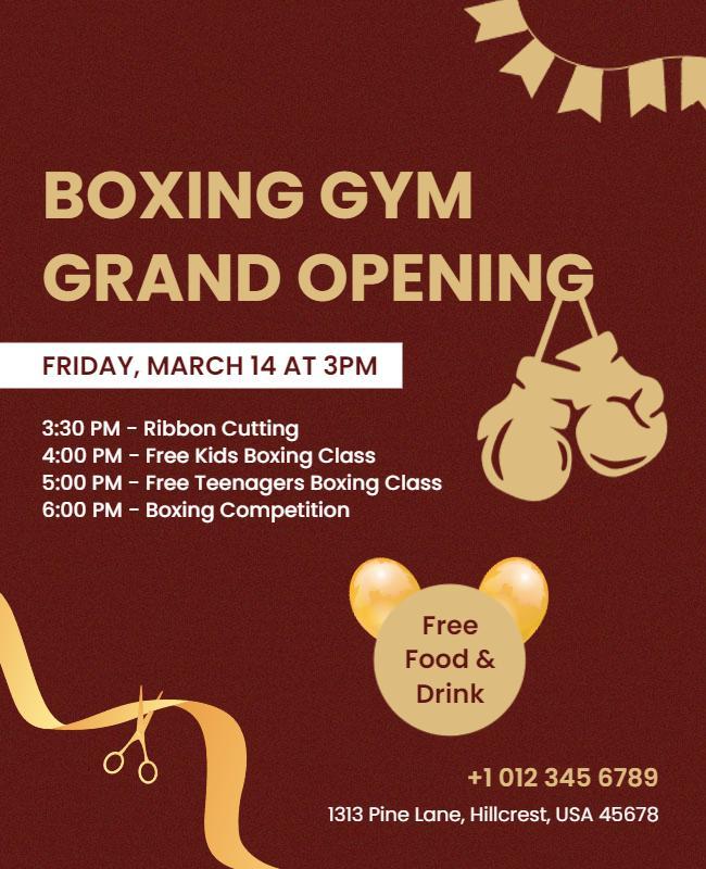 Energetic Brown Boxing Gym Grand Opening Event Flyer Template