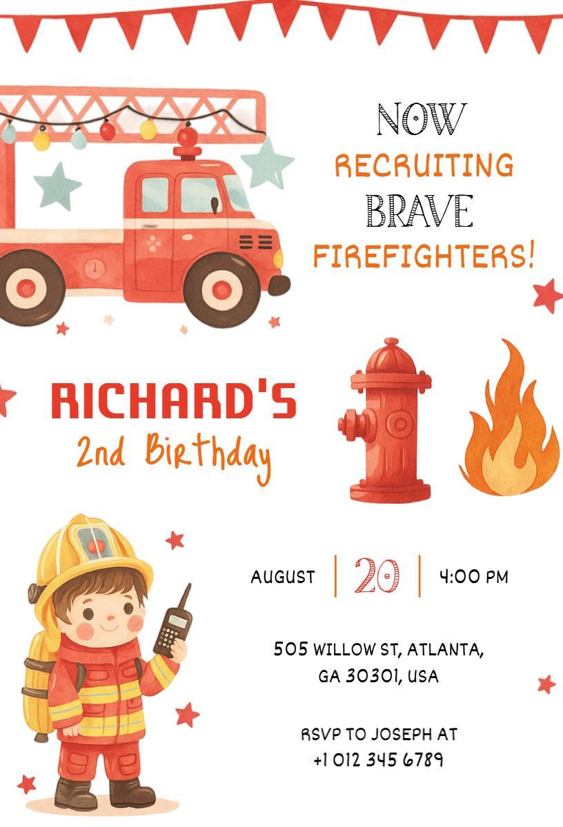 Brave Firefighter Theme 2nd Birthday Celebration Invitation Template