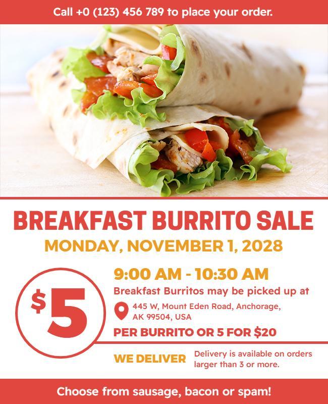 Breakfast Burrito Sale Promotional Flyer Template