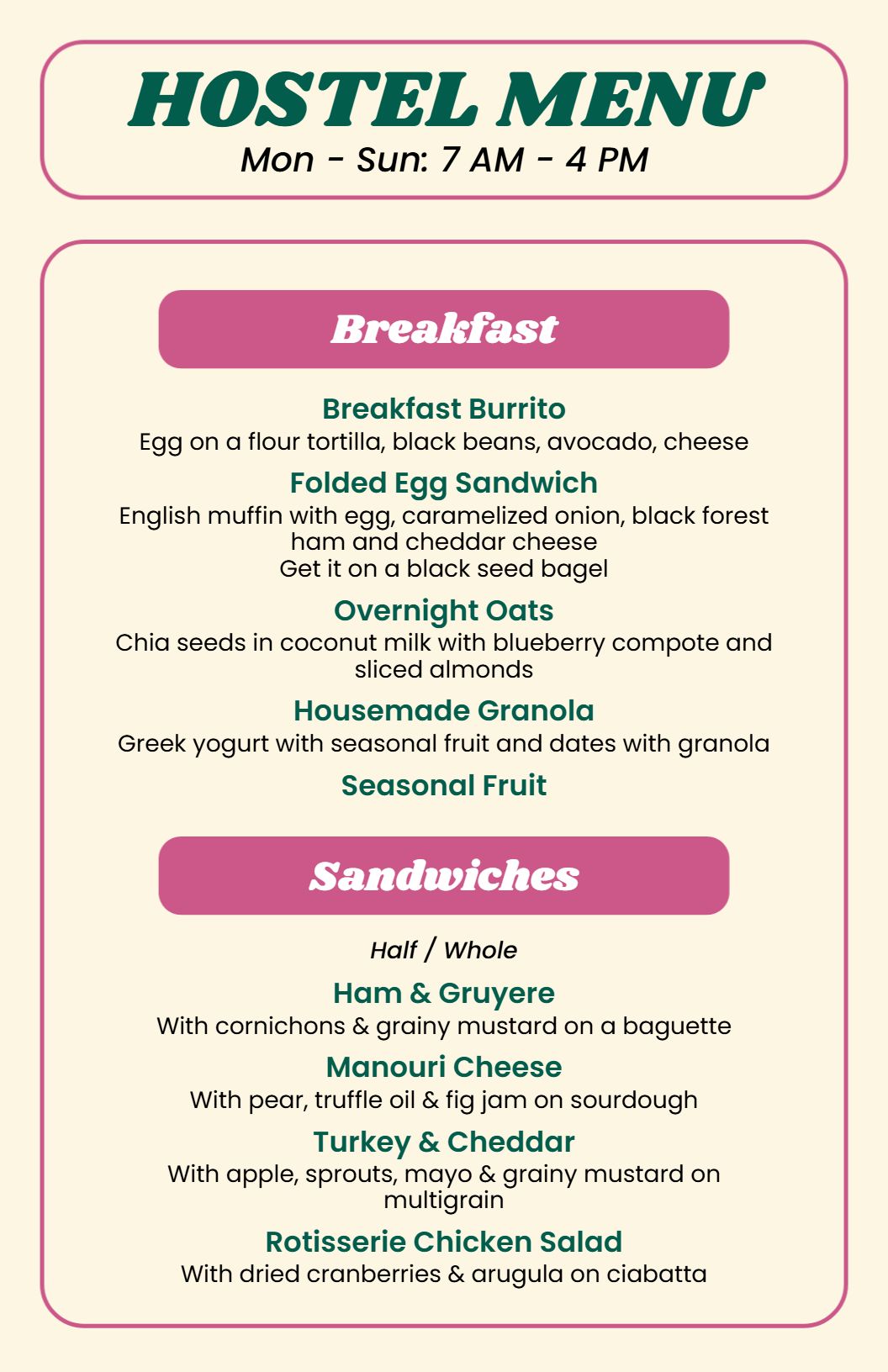 Breakfast Burritos and Gourmet Sandwiches Selection Hostel Menu Template