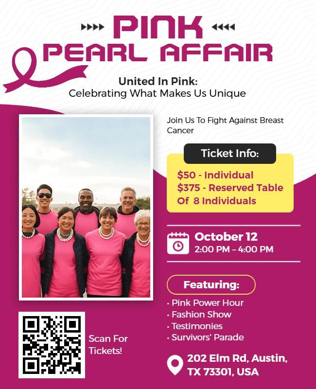 Breast Cancer Awareness Pink Pearl Charity Event Flyer Template