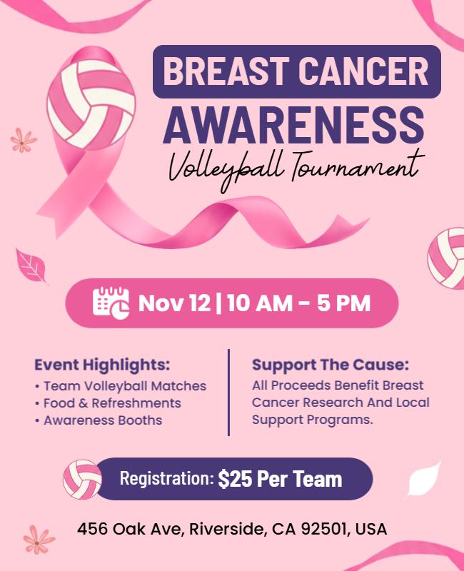 Breast Cancer Awareness Volleyball Tournament Flyer Template