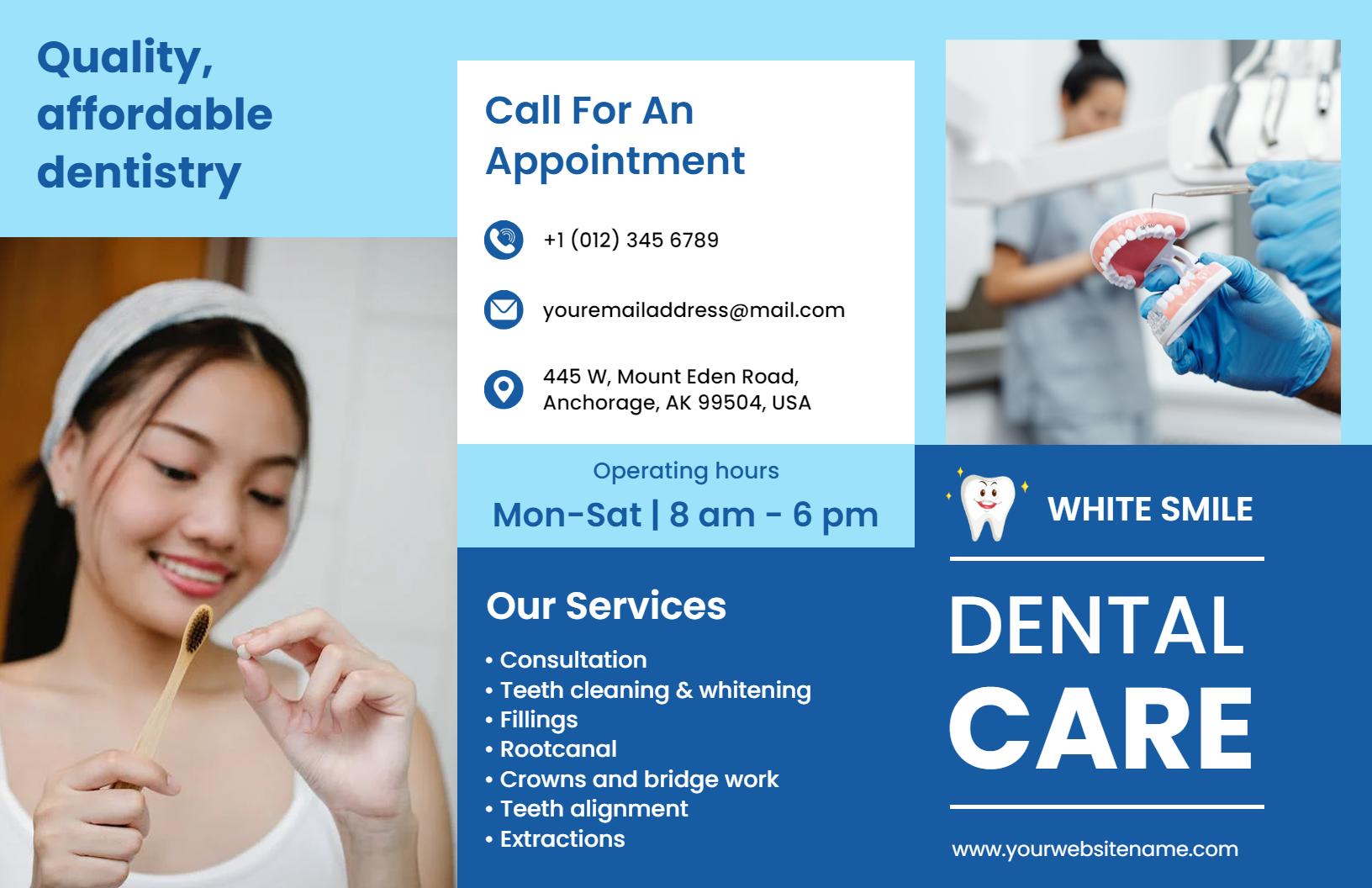 Bright Blue Affordable Dental Care Services Brochure Template