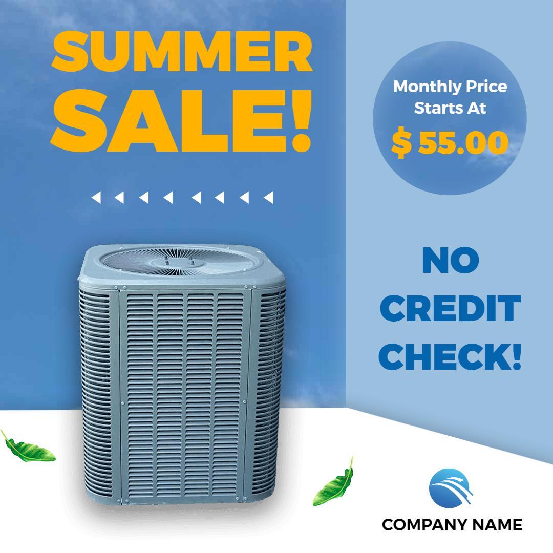 Bright Blue Air Conditioner Summer Sale with No Credit Check Ad Template