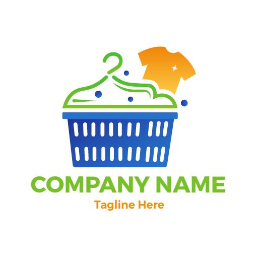 Bright Blue and Green Laundry Basket with Clothes Logo Template