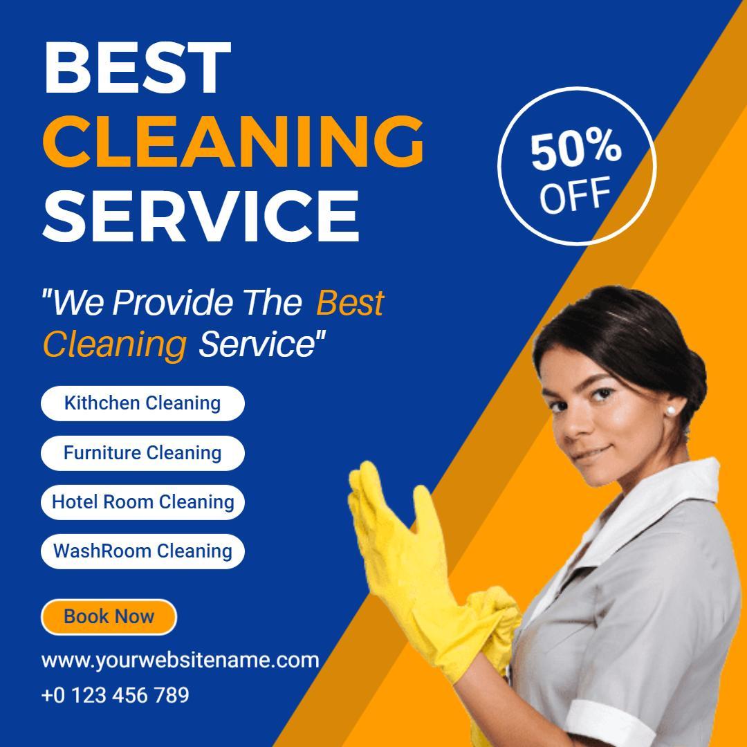 Bright Blue and Orange Cleaning Service with 50% Off Offer Ad Template