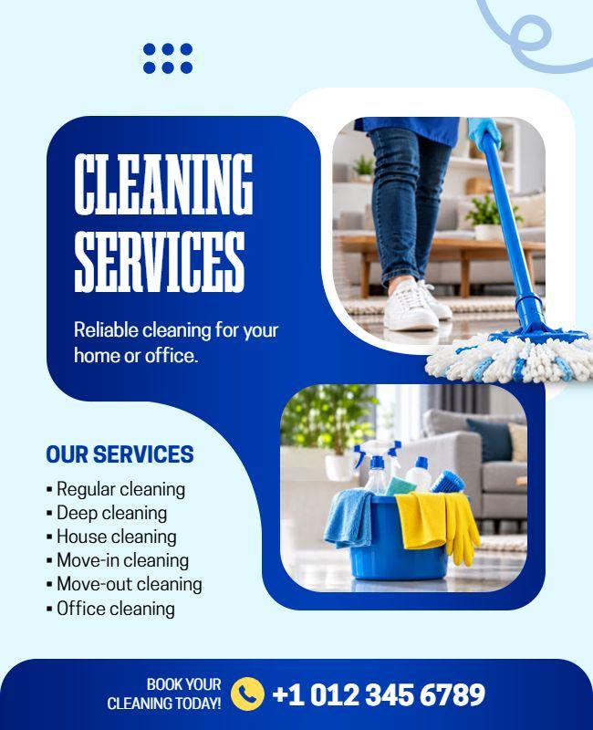 Bright Blue and White Comprehensive Cleaning Services Flyer Template
