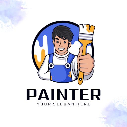 Bright Blue and Yellow Cartoon Painter Holding Brush Logo Template