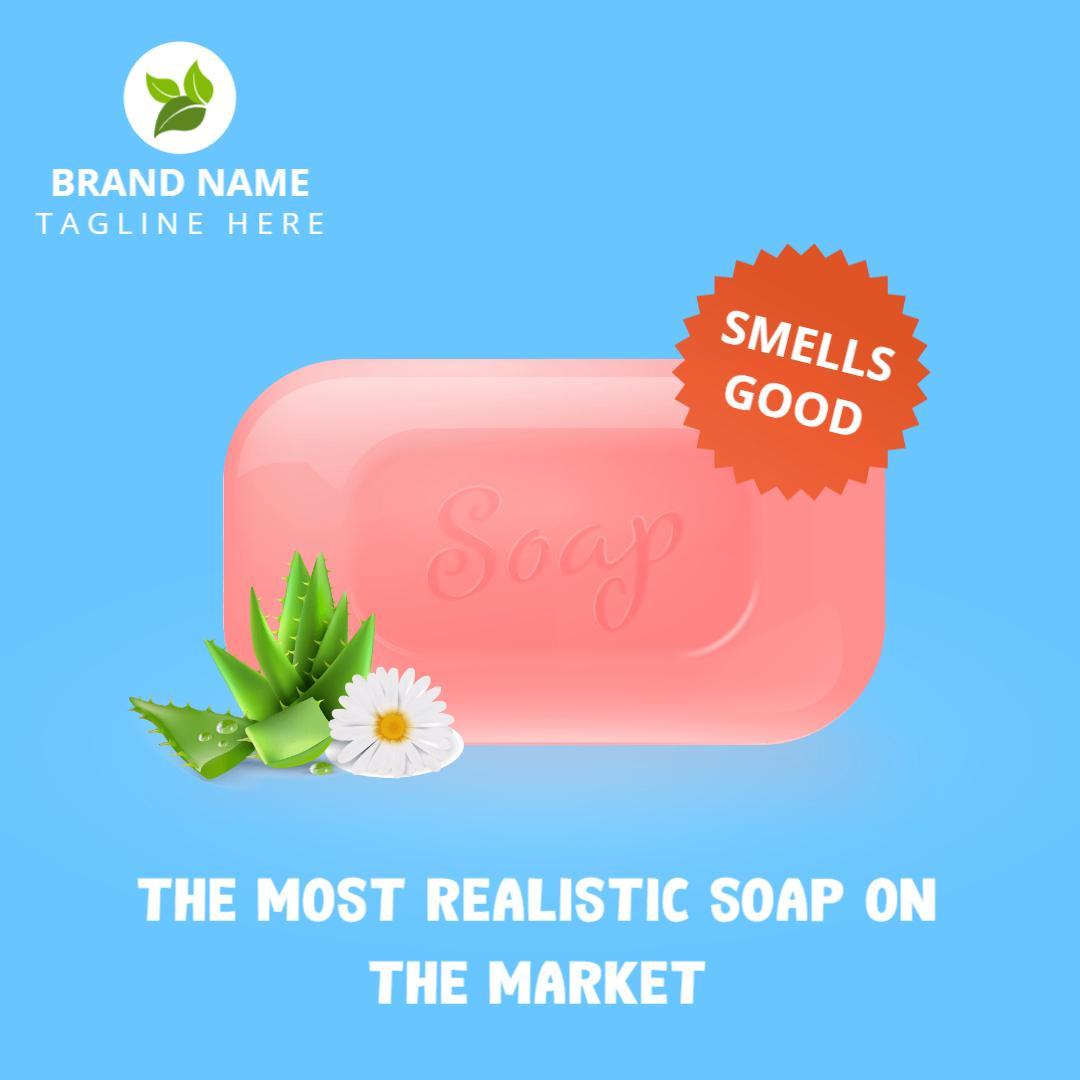 Bright Blue Background Realistic Soap with Tagline Ad Template